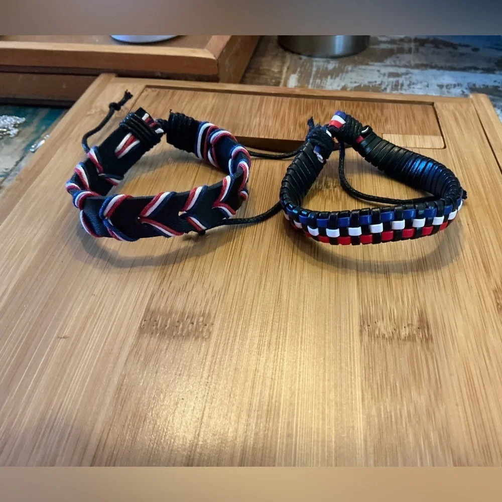 Red, White & Blue Braided and Strap Bracelet Set